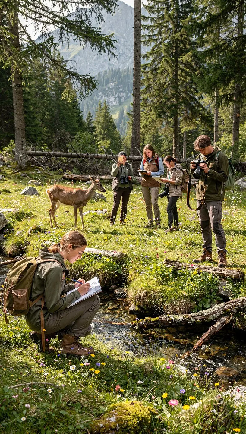 Ein lebendiger Wald mit verschiedenen Tierarten, der die Vielfalt der Tierökologie in Österreich darstellt.