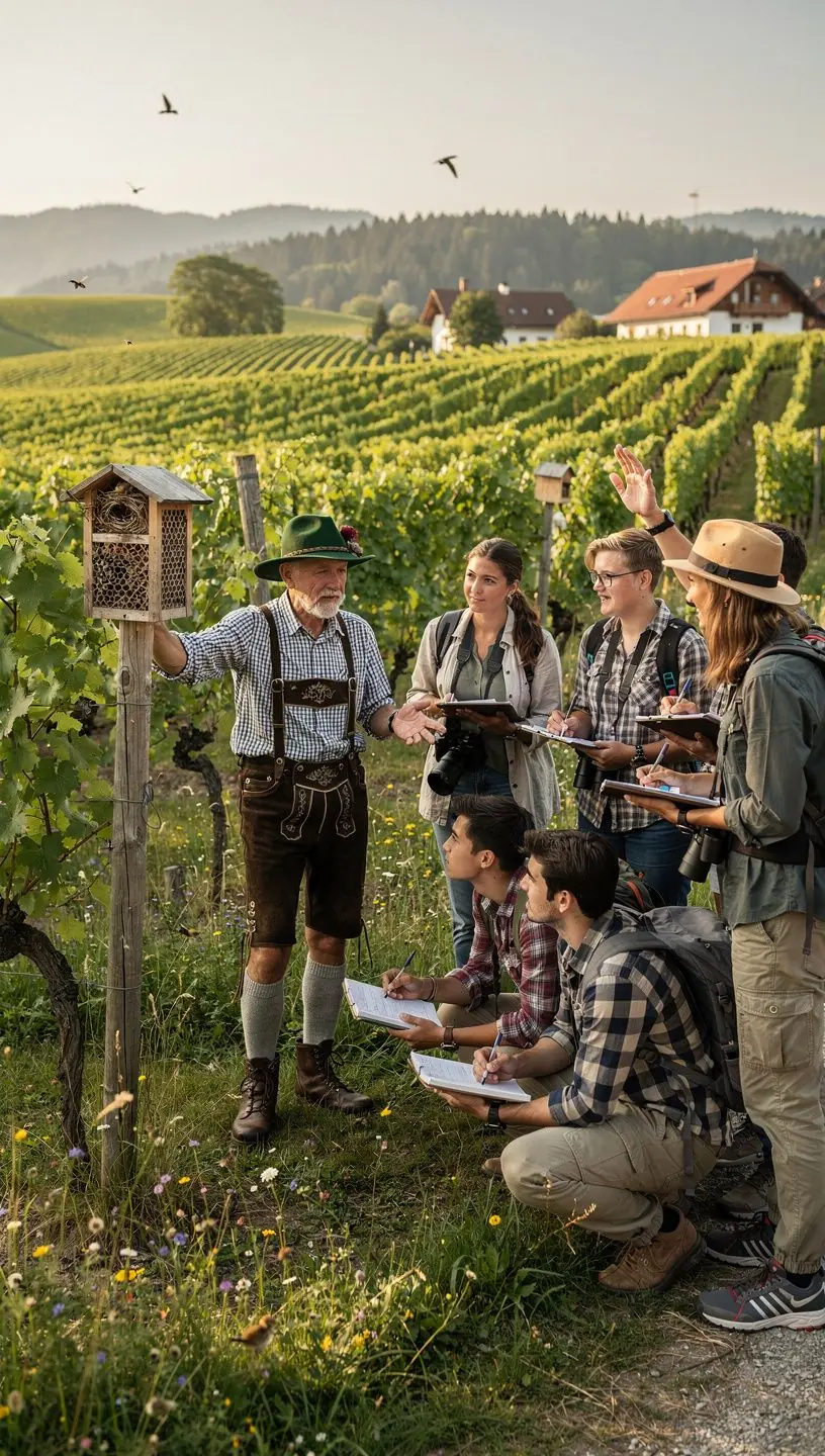 Eine Gruppe von Studenten diskutiert über ökologische Konzepte im Freien.