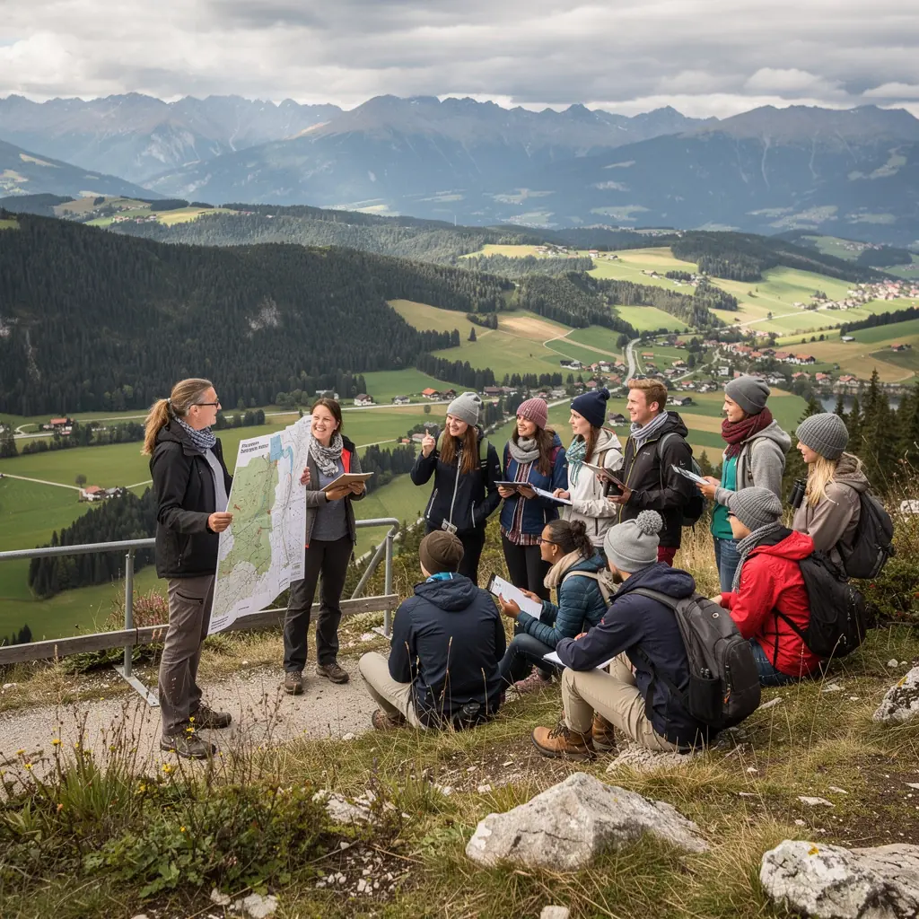 Eine Gruppe von Studenten diskutiert über ökologische Konzepte im Freien.